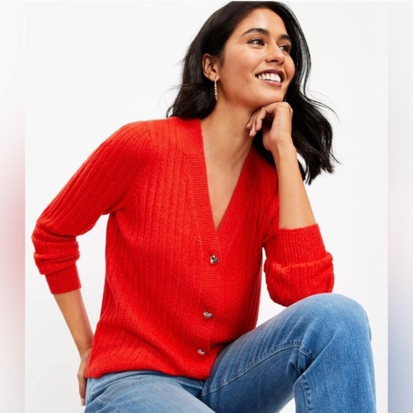 Nwt Loft Red Cardigan Heart Button Sweater-xl - Picture 2 of 4